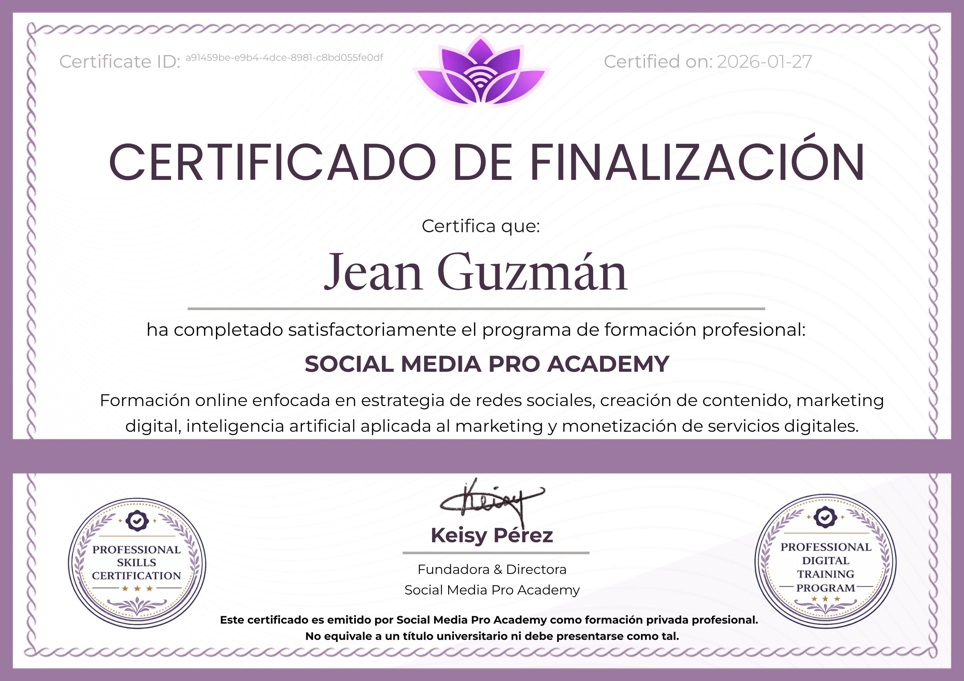 Certificado oficial Social Media Pro Academy